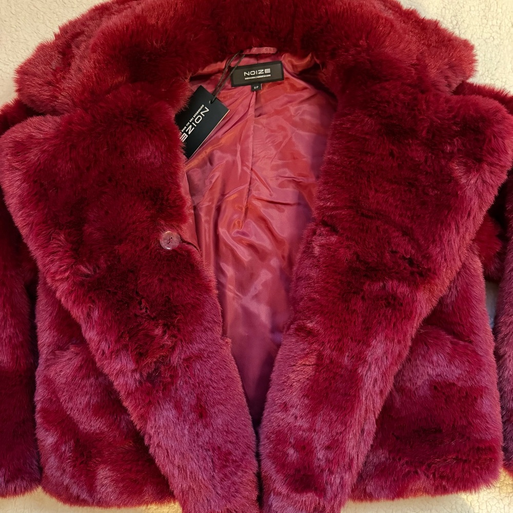 Faux Fur Burgundy Red Cropped Coat - NWT - Picture 3 of 11